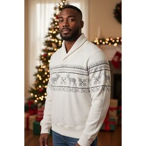 Cremieux Madison Avenue Men's Shawl Collar Sweater L White Fair Isle Reindeer NW